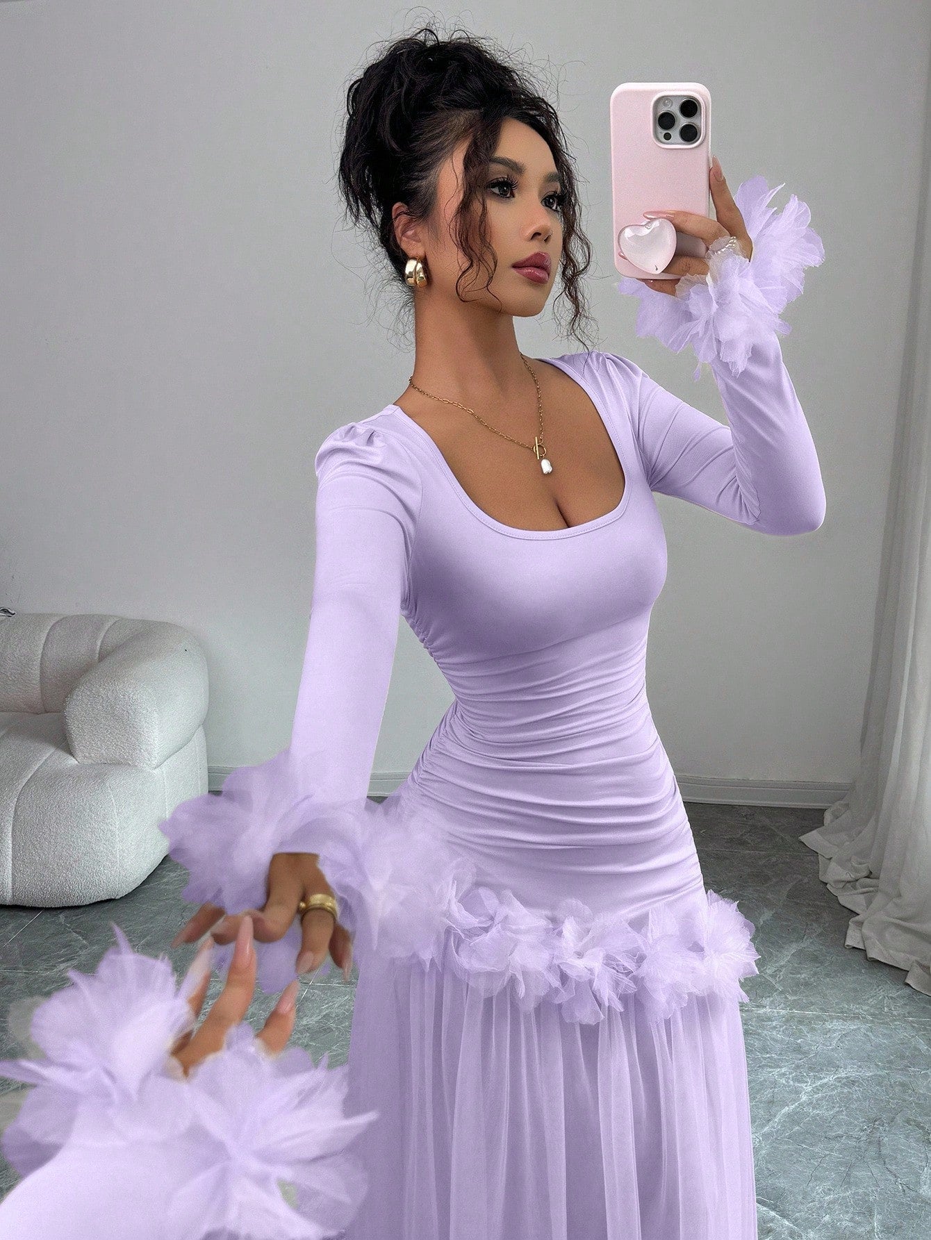 Elenzga Lavender Autumn Women's Elegant Birthday Party Slim Floral Lace Mesh Patchwork Mid-Length Dress,French-Style Long Sleeve Winter Wedding Party