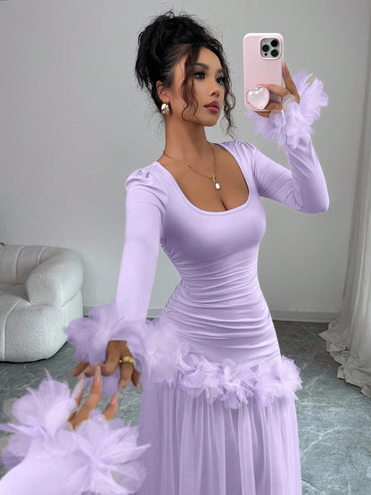Elenzga Lavender Autumn Women's Elegant Birthday Party Slim Floral Lace Mesh Patchwork Mid-Length Dress,French-Style Long Sleeve Winter Wedding Party