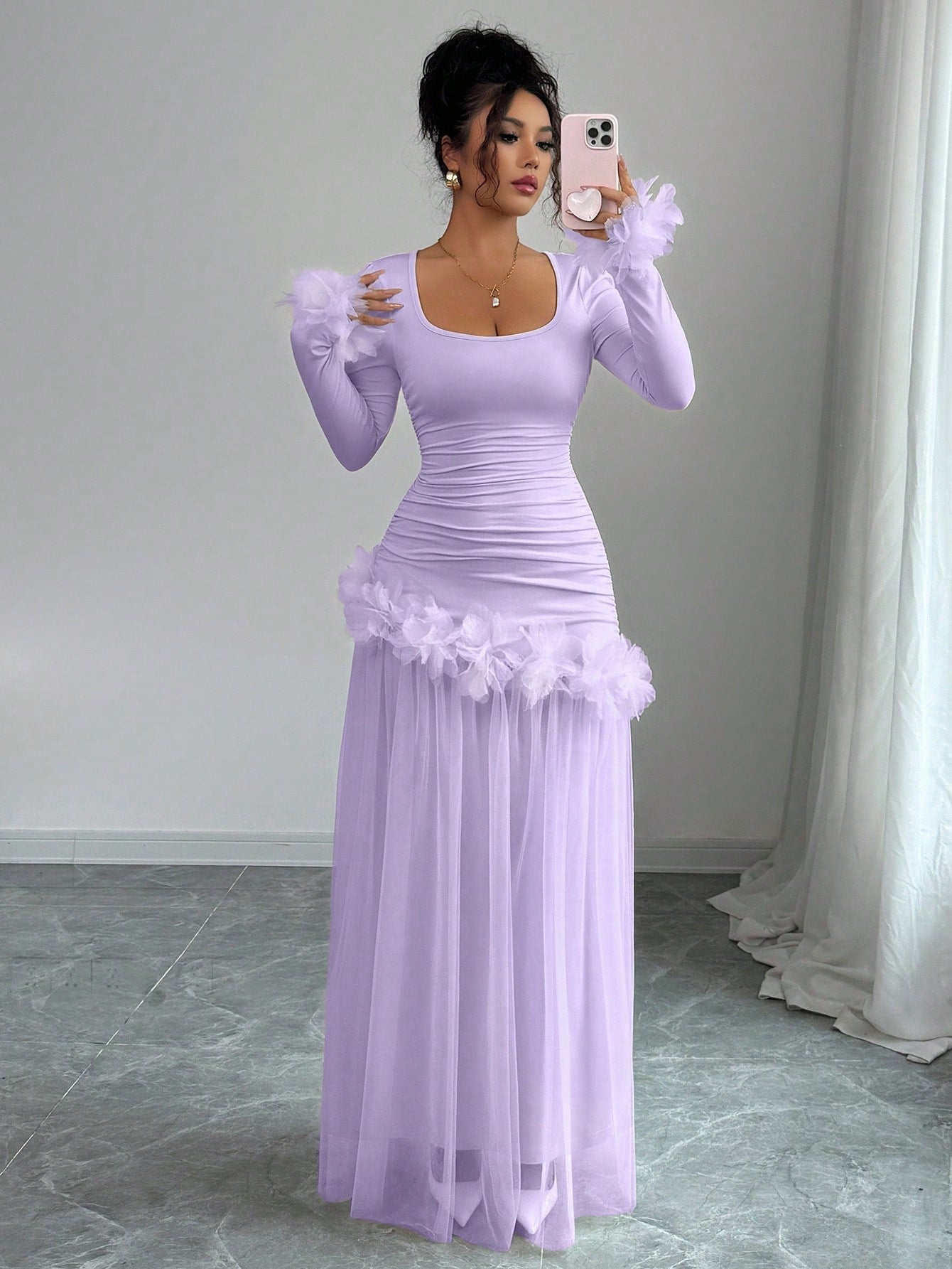 Elenzga Lavender Autumn Women's Elegant Birthday Party Slim Floral Lace Mesh Patchwork Mid-Length Dress,French-Style Long Sleeve Winter Wedding Party