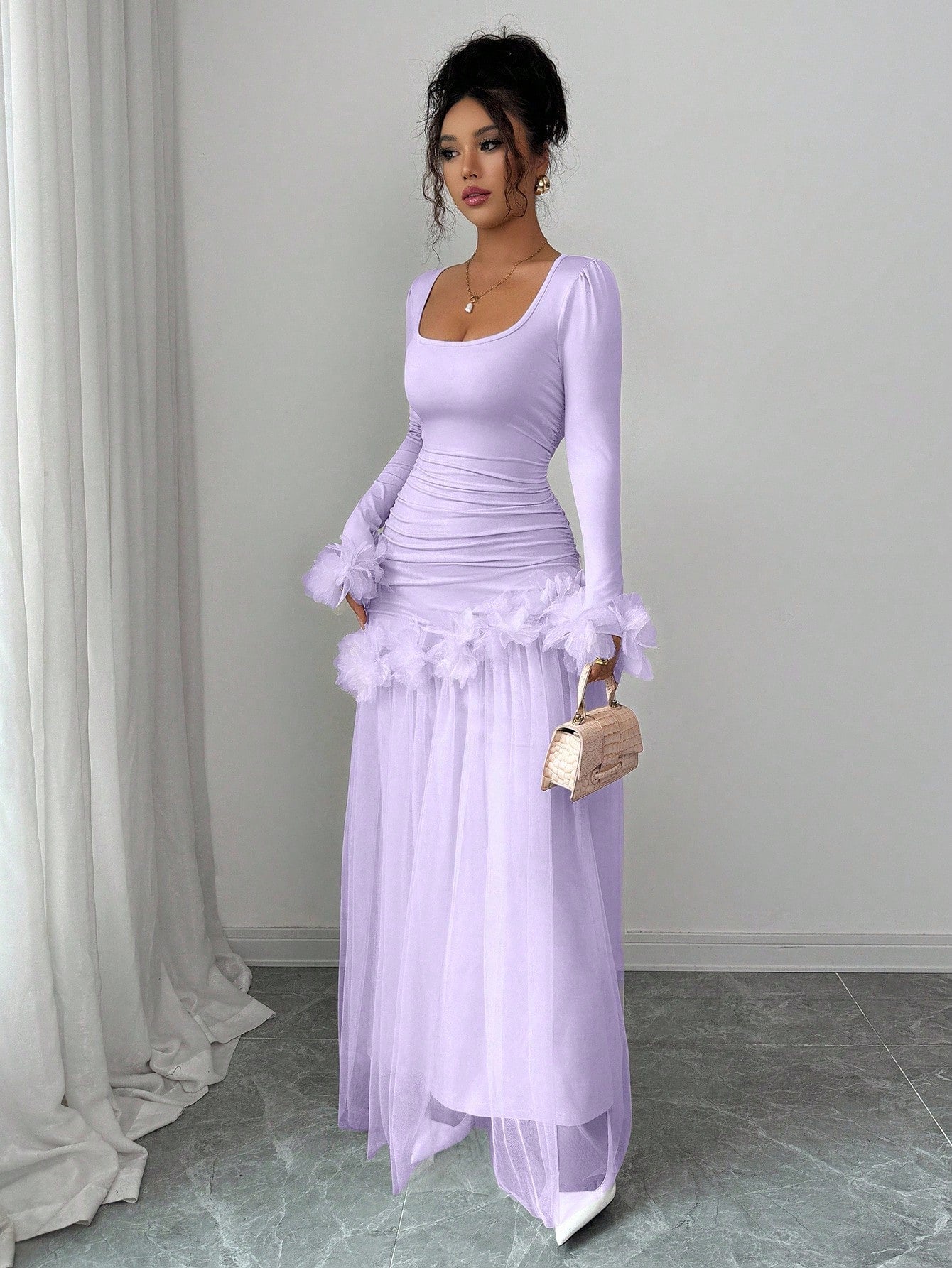 Elenzga Lavender Autumn Women's Elegant Birthday Party Slim Floral Lace Mesh Patchwork Mid-Length Dress,French-Style Long Sleeve Winter Wedding Party