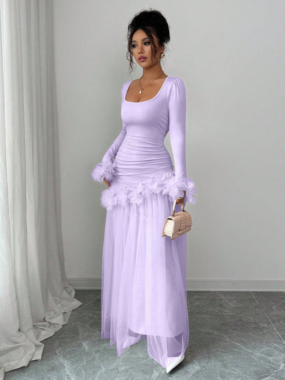Elenzga Lavender Autumn Women's Elegant Birthday Party Slim Floral Lace Mesh Patchwork Mid-Length Dress,French-Style Long Sleeve Winter Wedding Party