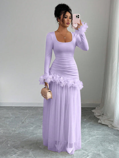 Elenzga Lavender Autumn Women's Elegant Birthday Party Slim Floral Lace Mesh Patchwork Mid-Length Dress,French-Style Long Sleeve Winter Wedding Party