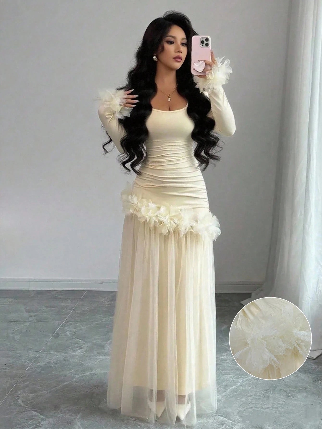 Elenzga Lavender Autumn Women's Elegant Birthday Party Slim Floral Lace Mesh Patchwork Mid-Length Dress,French-Style Long Sleeve Winter Wedding Party