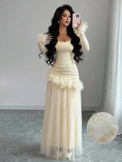 Elenzga Lavender Autumn Women's Elegant Birthday Party Slim Floral Lace Mesh Patchwork Mid-Length Dress,French-Style Long Sleeve Winter Wedding Party