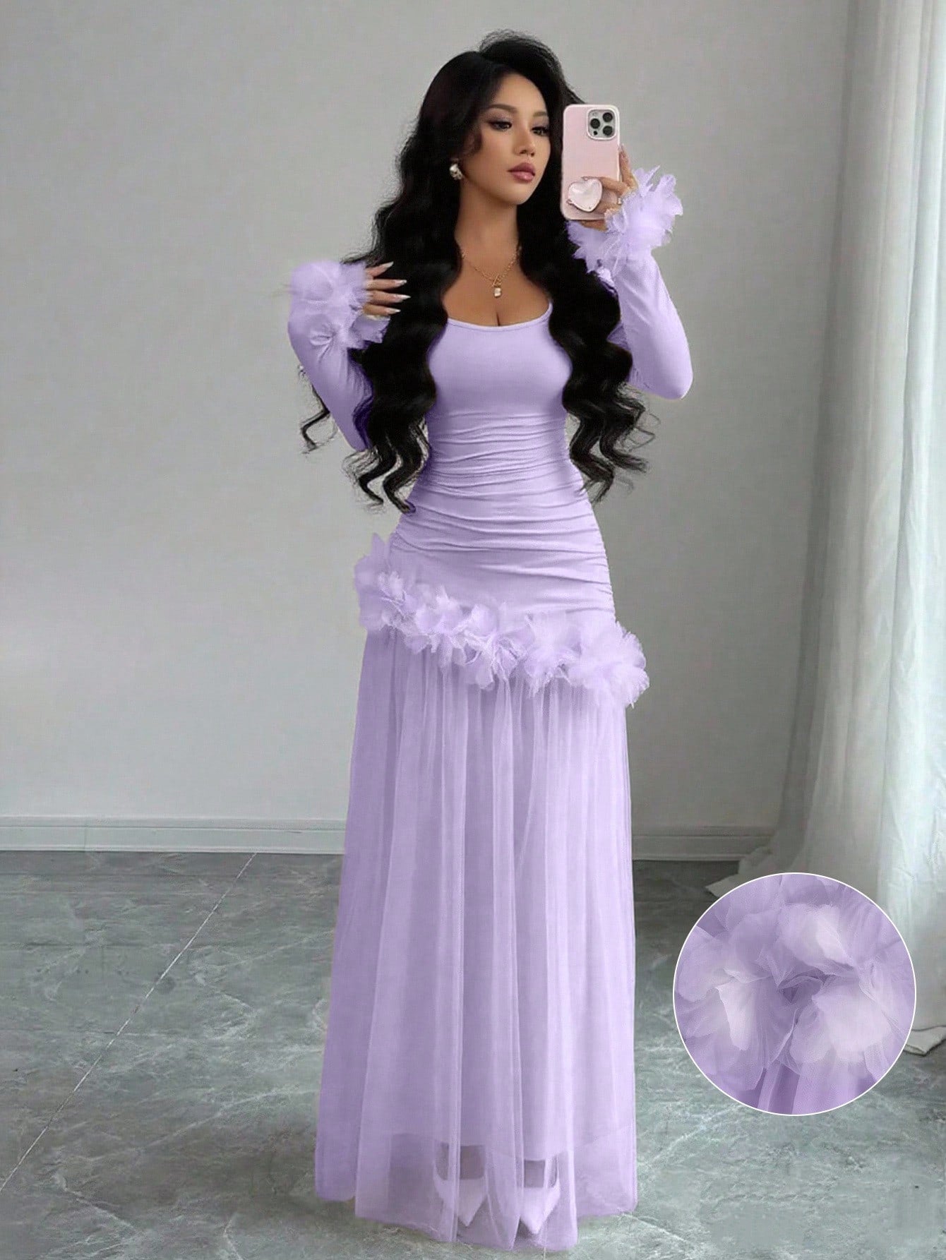 Elenzga Lavender Autumn Women's Elegant Birthday Party Slim Floral Lace Mesh Patchwork Mid-Length Dress,French-Style Long Sleeve Winter Wedding Party