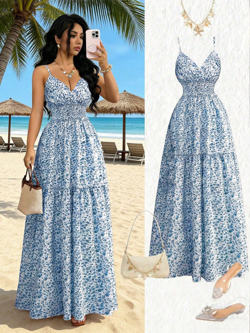 Elenzga New Arrival Spaghetti Strap Woven Ditsy Floral Waist Tie Design Elegant Young Lady Dress For Vacation