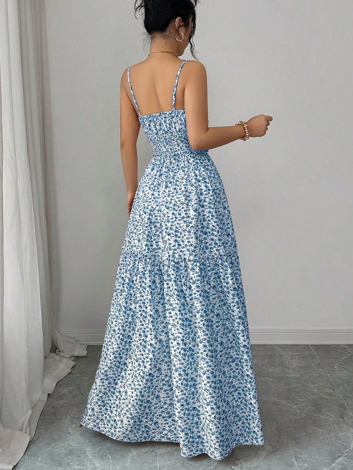 Elenzga New Arrival Spaghetti Strap Woven Ditsy Floral Waist Tie Design Elegant Young Lady Dress For Vacation