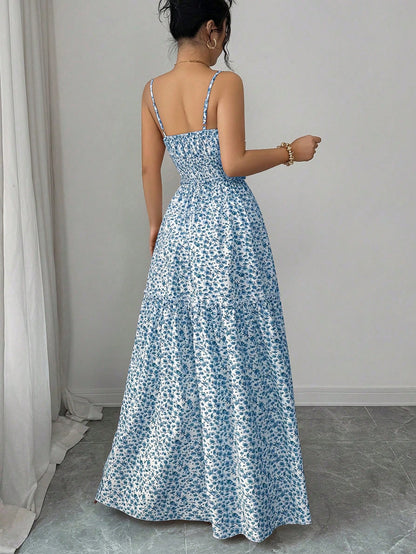 Elenzga New Arrival Spaghetti Strap Woven Ditsy Floral Waist Tie Design Elegant Young Lady Dress For Vacation