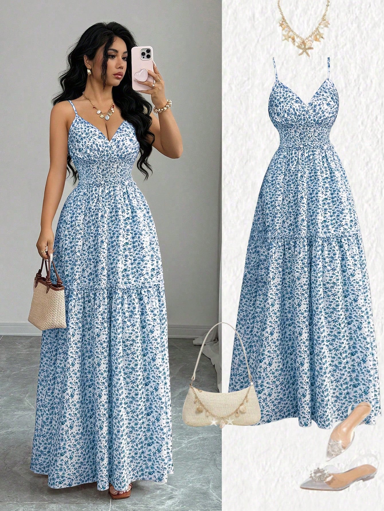 Elenzga New Arrival Spaghetti Strap Woven Ditsy Floral Waist Tie Design Elegant Young Lady Dress For Vacation