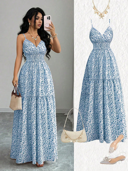 Elenzga New Arrival Spaghetti Strap Woven Ditsy Floral Waist Tie Design Elegant Young Lady Dress For Vacation