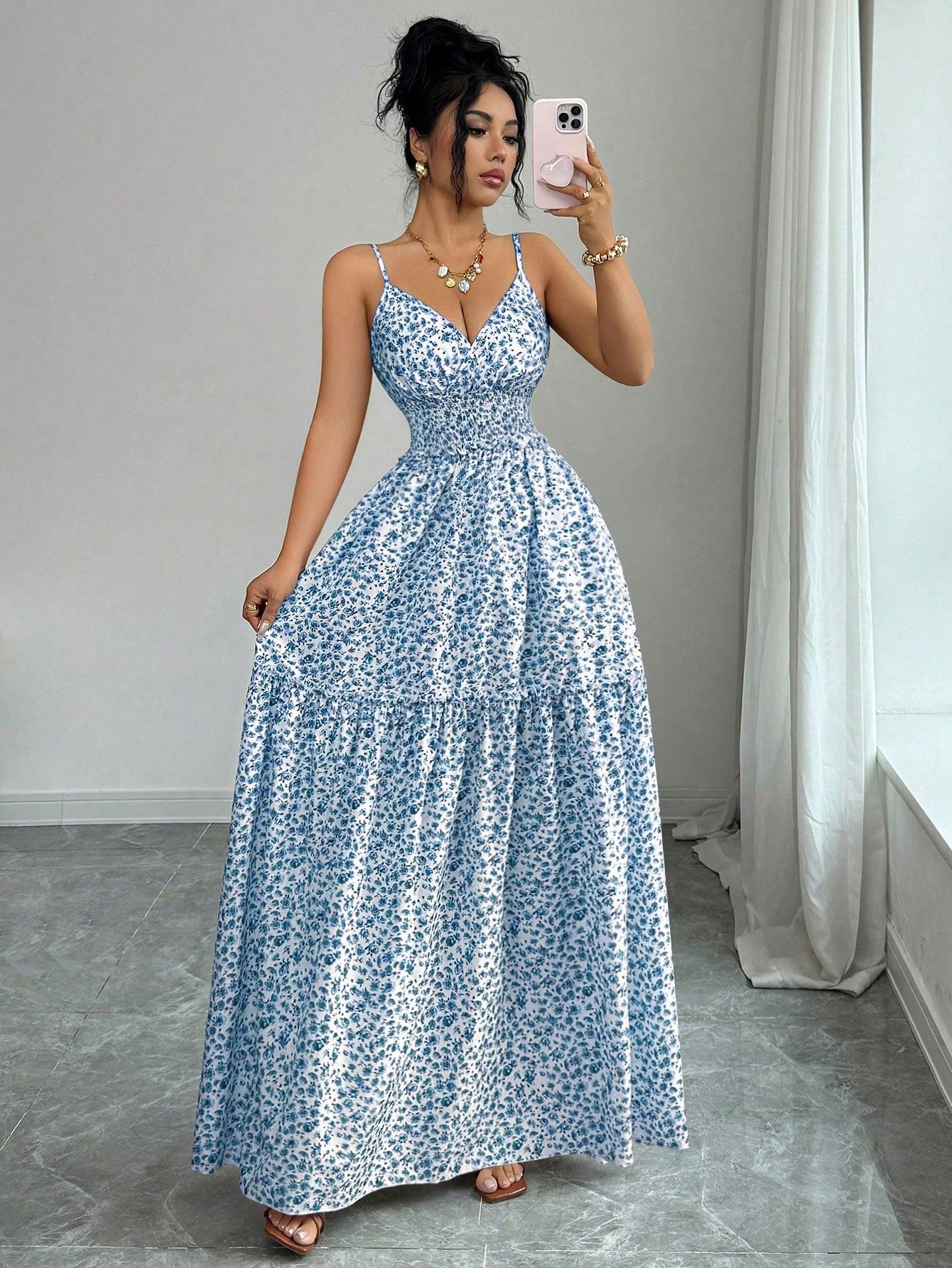 Elenzga New Arrival Spaghetti Strap Woven Ditsy Floral Waist Tie Design Elegant Young Lady Dress For Vacation