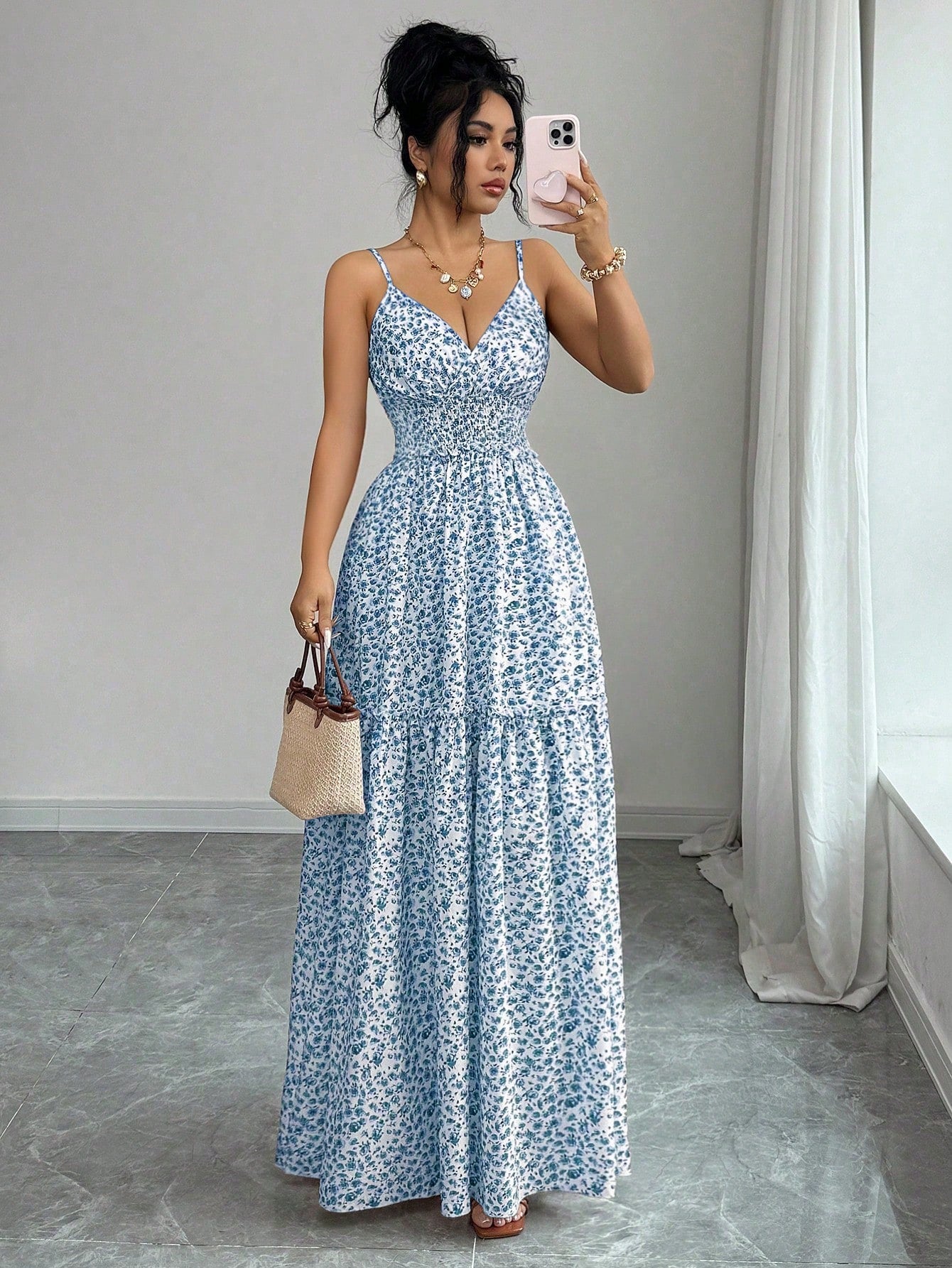 Elenzga New Arrival Spaghetti Strap Woven Ditsy Floral Waist Tie Design Elegant Young Lady Dress For Vacation