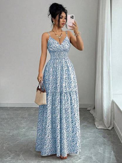 Elenzga New Arrival Spaghetti Strap Woven Ditsy Floral Waist Tie Design Elegant Young Lady Dress For Vacation