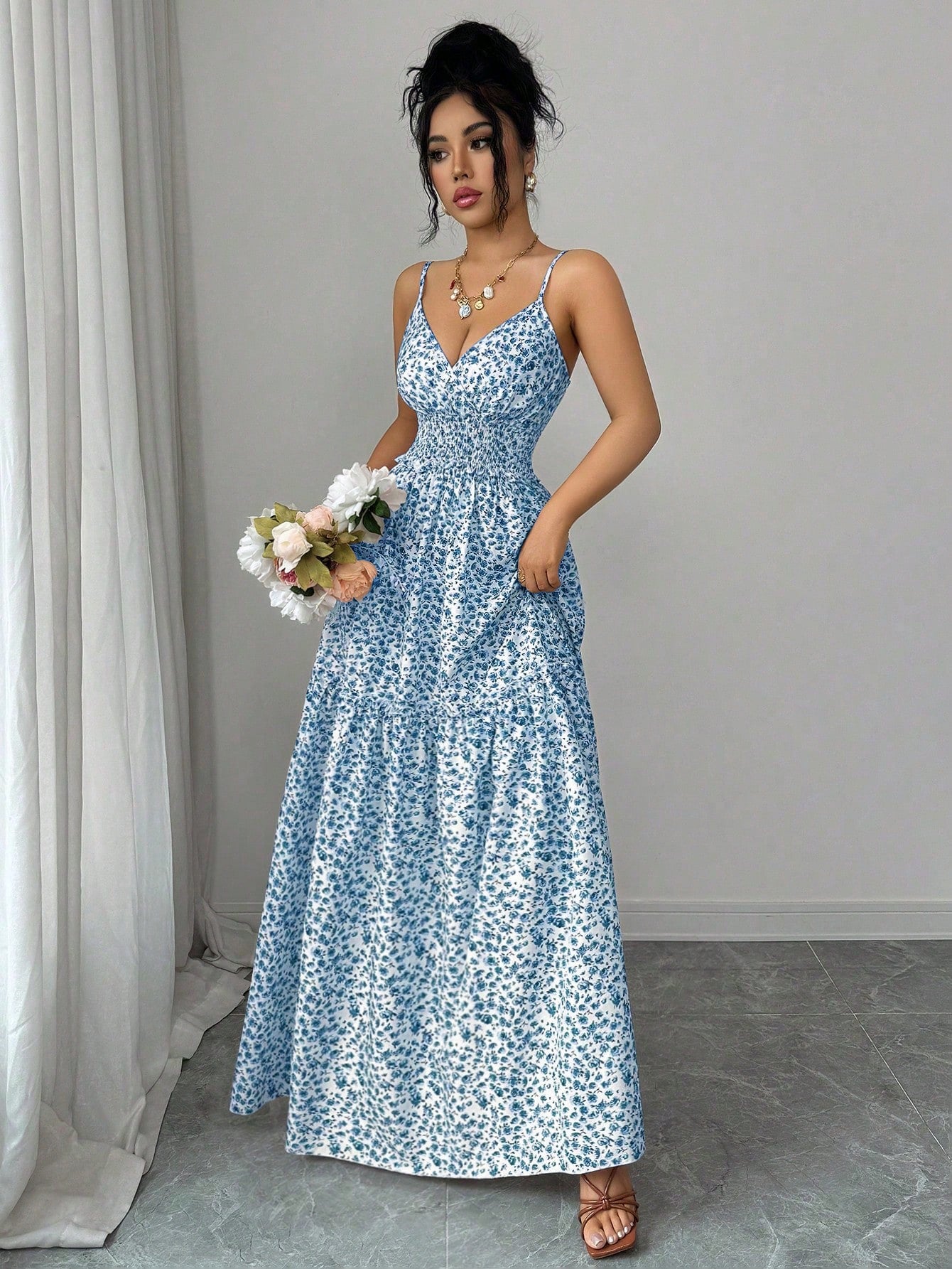 Elenzga New Arrival Spaghetti Strap Woven Ditsy Floral Waist Tie Design Elegant Young Lady Dress For Vacation