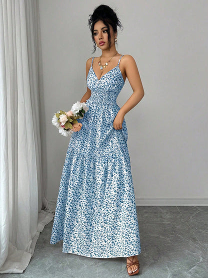 Elenzga New Arrival Spaghetti Strap Woven Ditsy Floral Waist Tie Design Elegant Young Lady Dress For Vacation