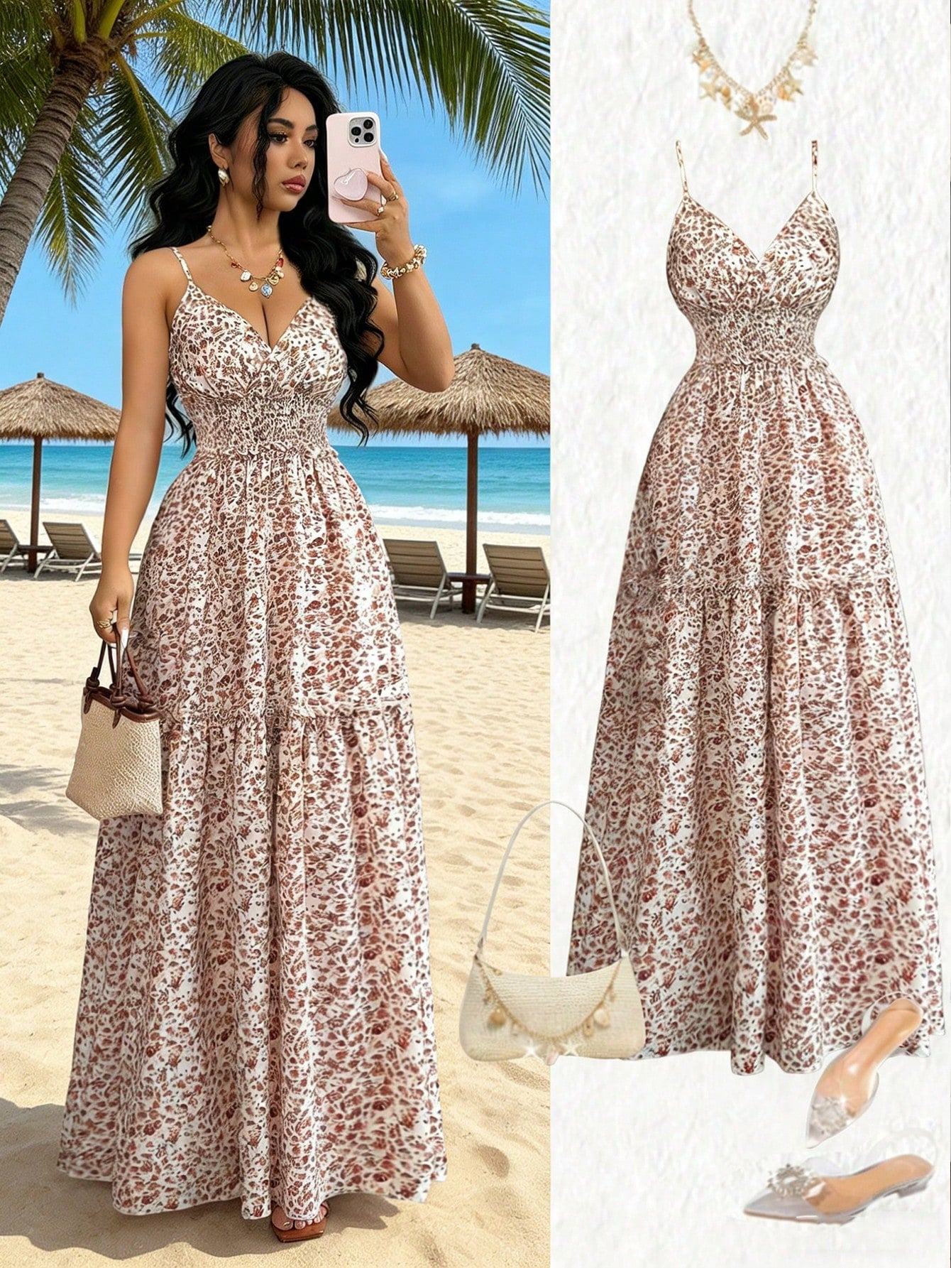 Elenzga New Arrival Spaghetti Strap Woven Ditsy Floral Waist Tie Design Elegant Young Lady Dress For Vacation