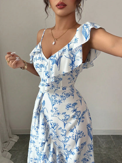 Elenzga New Women's V-Neck Asymmetric Shoulder Asymmetrical Ruffle Hem Design Casual Daily Elegant Dress