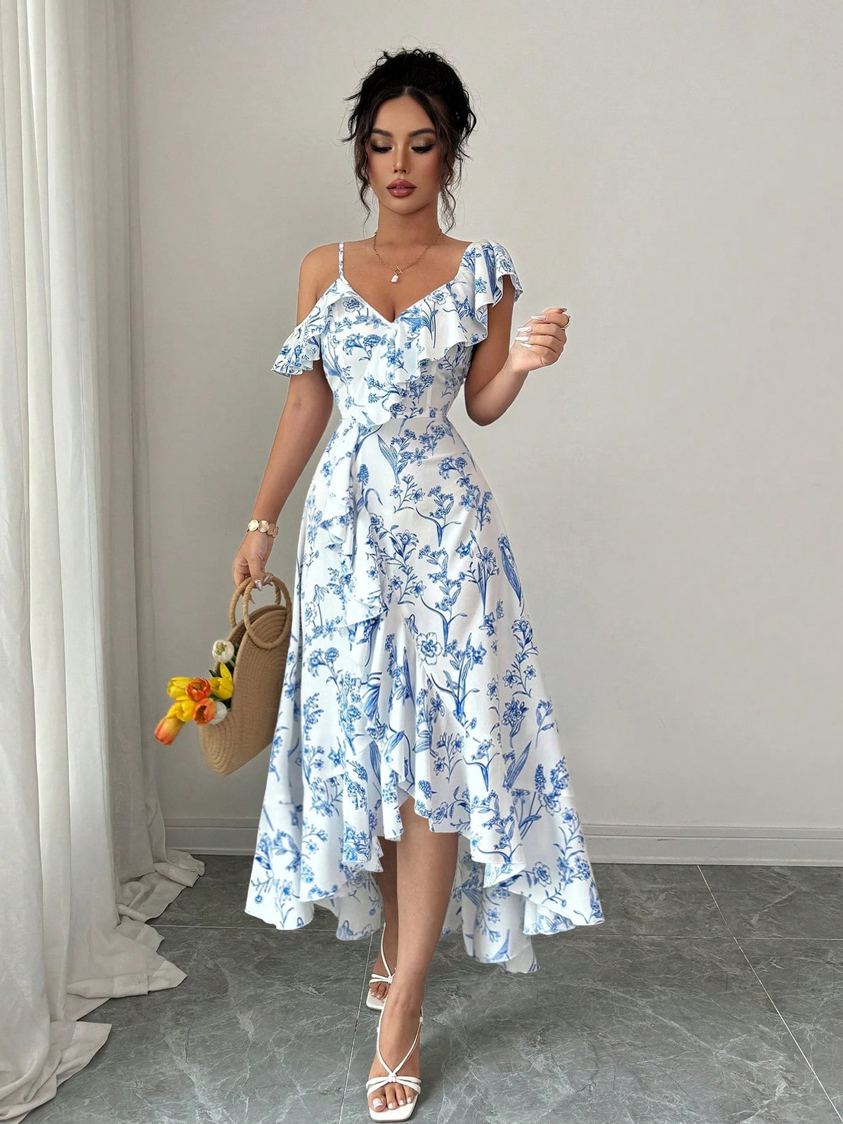 Elenzga New Women's V-Neck Asymmetric Shoulder Asymmetrical Ruffle Hem Design Casual Daily Elegant Dress