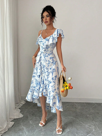 Elenzga New Women's V-Neck Asymmetric Shoulder Asymmetrical Ruffle Hem Design Casual Daily Elegant Dress