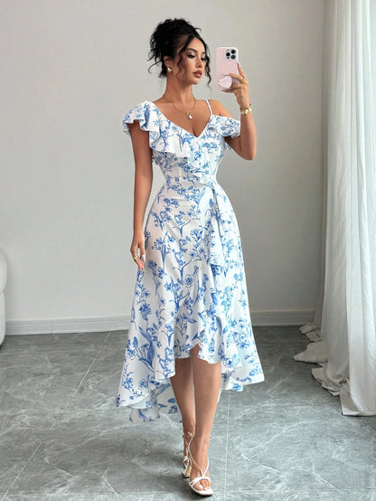 Elenzga New Women's V-Neck Asymmetric Shoulder Asymmetrical Ruffle Hem Design Casual Daily Elegant Dress