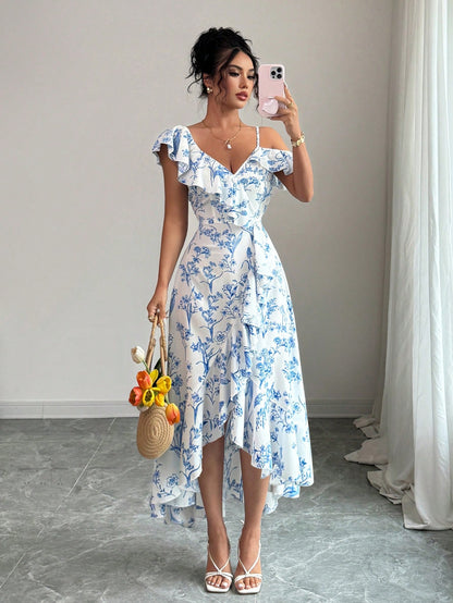 Elenzga New Women's V-Neck Asymmetric Shoulder Asymmetrical Ruffle Hem Design Casual Daily Elegant Dress