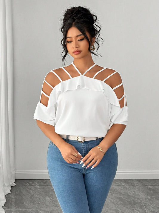 Elenzga Plus Size Women Hollow Out Off Shoulder Short Sleeve Ruffle Loose Casual Vacation Blouse