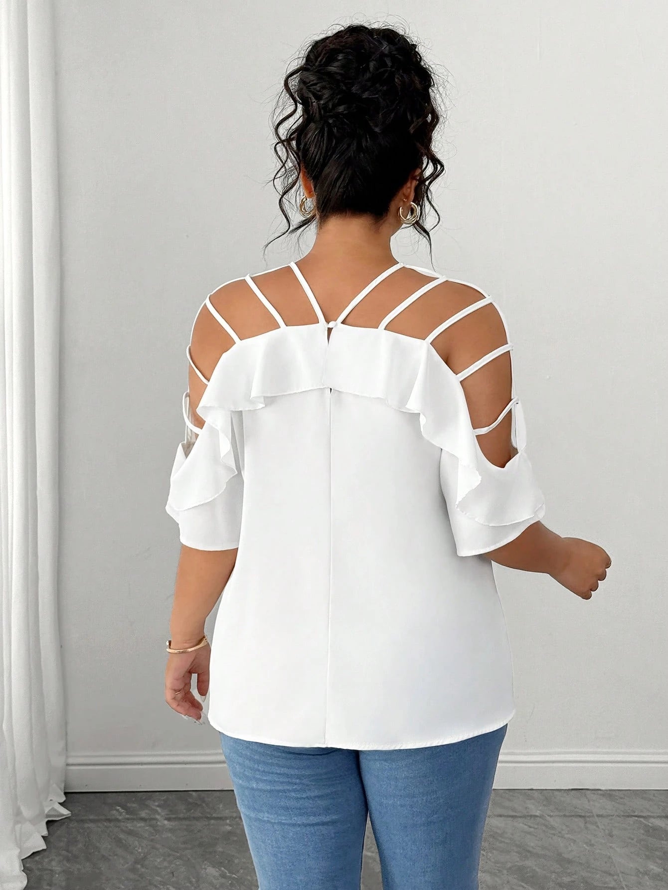 Elenzga Plus Size Women Hollow Out Off Shoulder Short Sleeve Ruffle Loose Casual Vacation Blouse