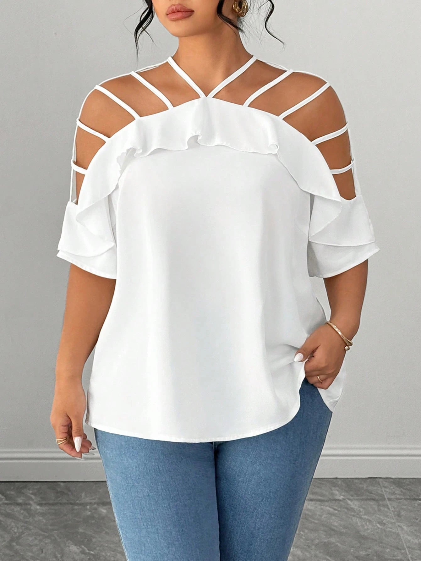 Elenzga Plus Size Women Hollow Out Off Shoulder Short Sleeve Ruffle Loose Casual Vacation Blouse