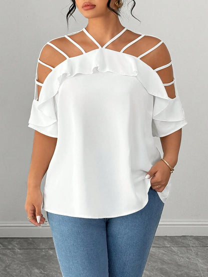 Elenzga Plus Size Women Hollow Out Off Shoulder Short Sleeve Ruffle Loose Casual Vacation Blouse