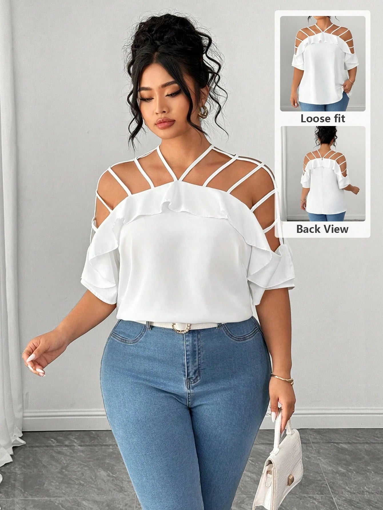 Elenzga Plus Size Women Hollow Out Off Shoulder Short Sleeve Ruffle Loose Casual Vacation Blouse
