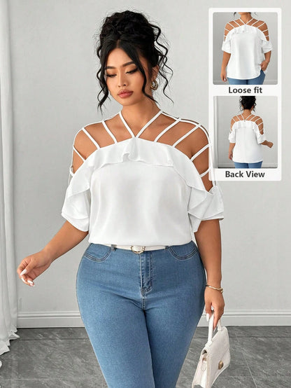 Elenzga Plus Size Women Hollow Out Off Shoulder Short Sleeve Ruffle Loose Casual Vacation Blouse