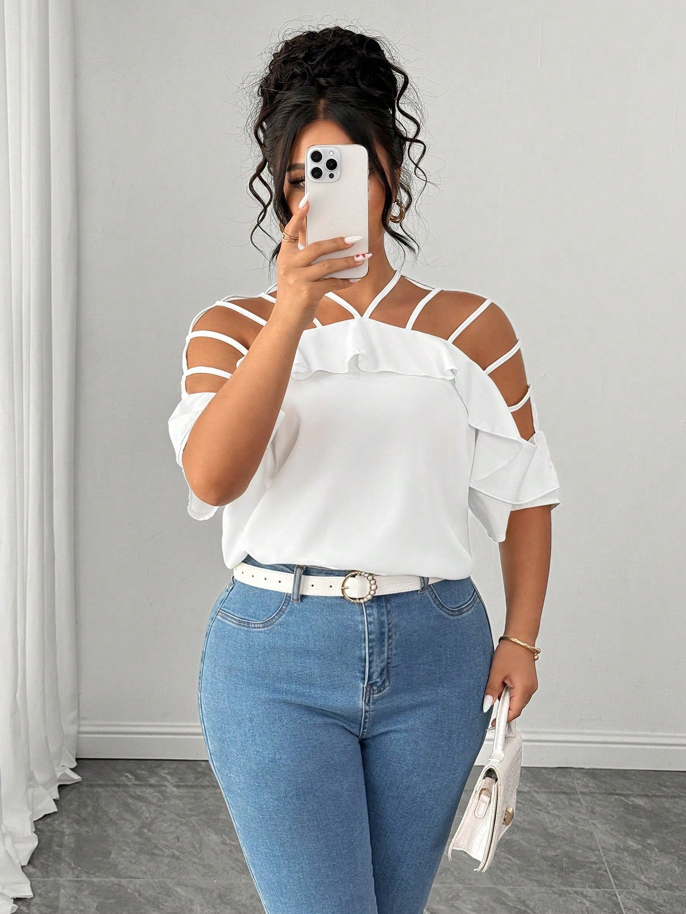 Elenzga Plus Size Women Hollow Out Off Shoulder Short Sleeve Ruffle Loose Casual Vacation Blouse