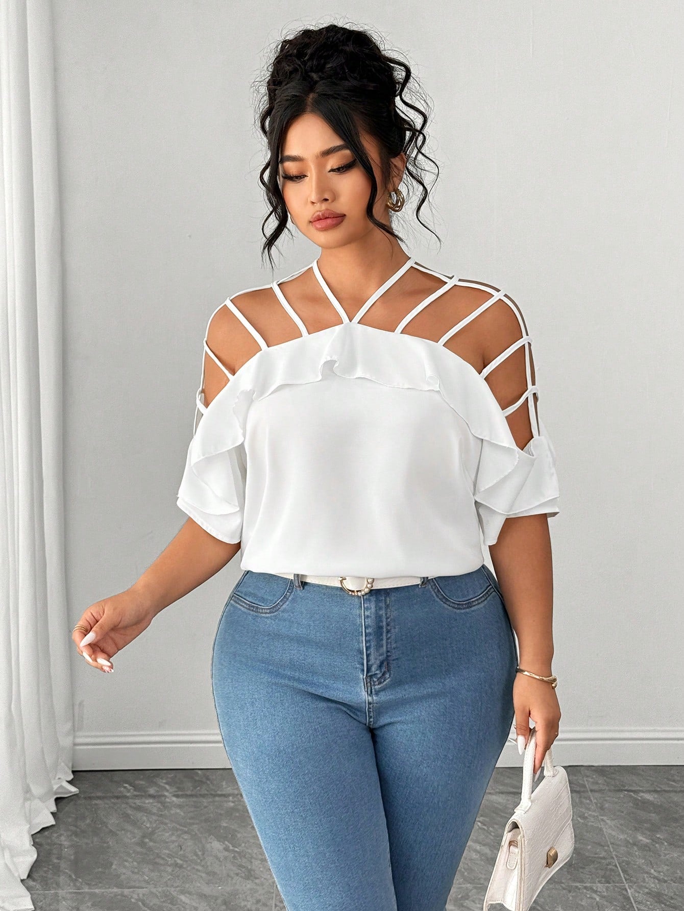 Elenzga Plus Size Women Hollow Out Off Shoulder Short Sleeve Ruffle Loose Casual Vacation Blouse
