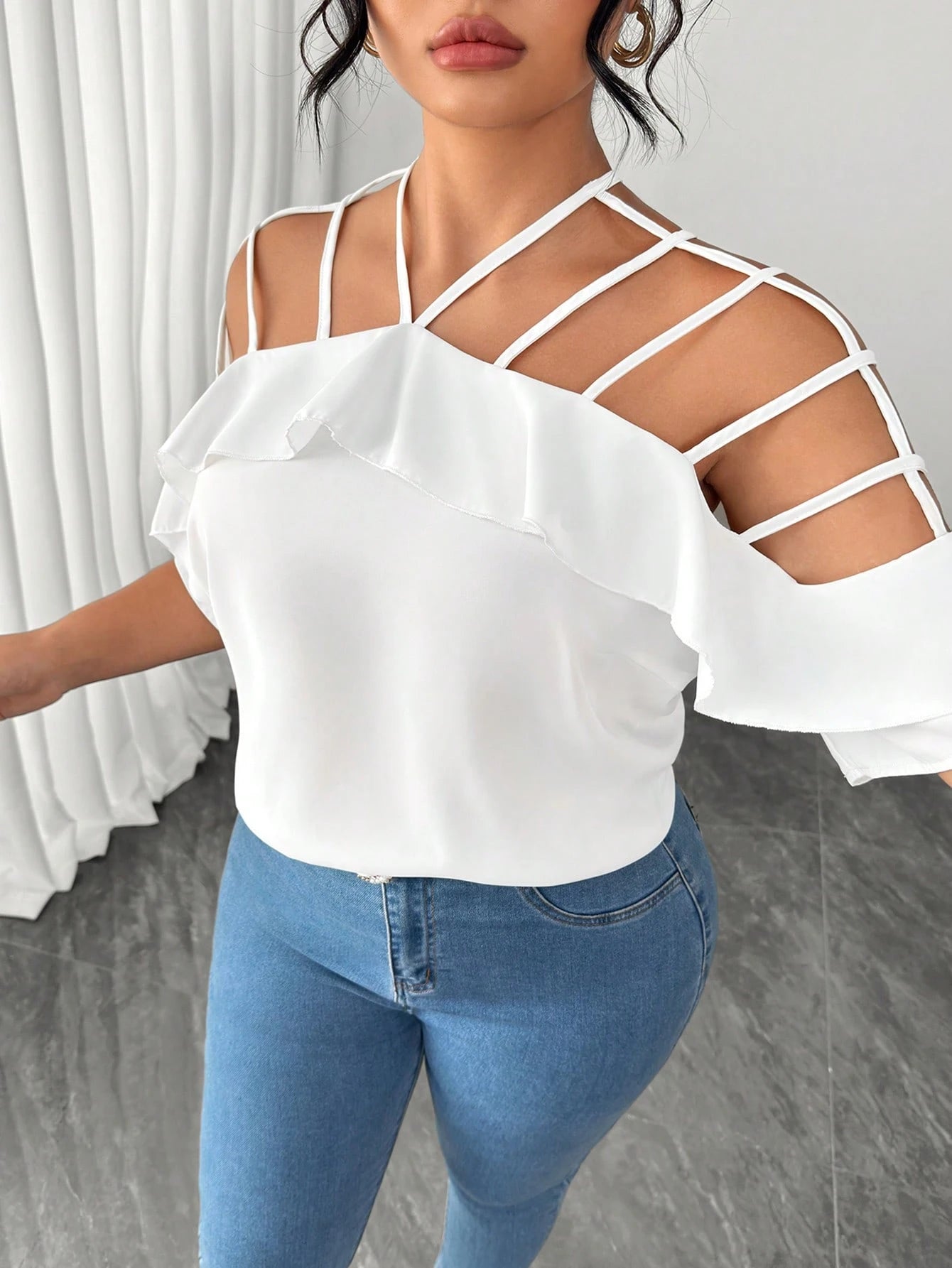 Elenzga Plus Size Women Hollow Out Off Shoulder Short Sleeve Ruffle Loose Casual Vacation Blouse