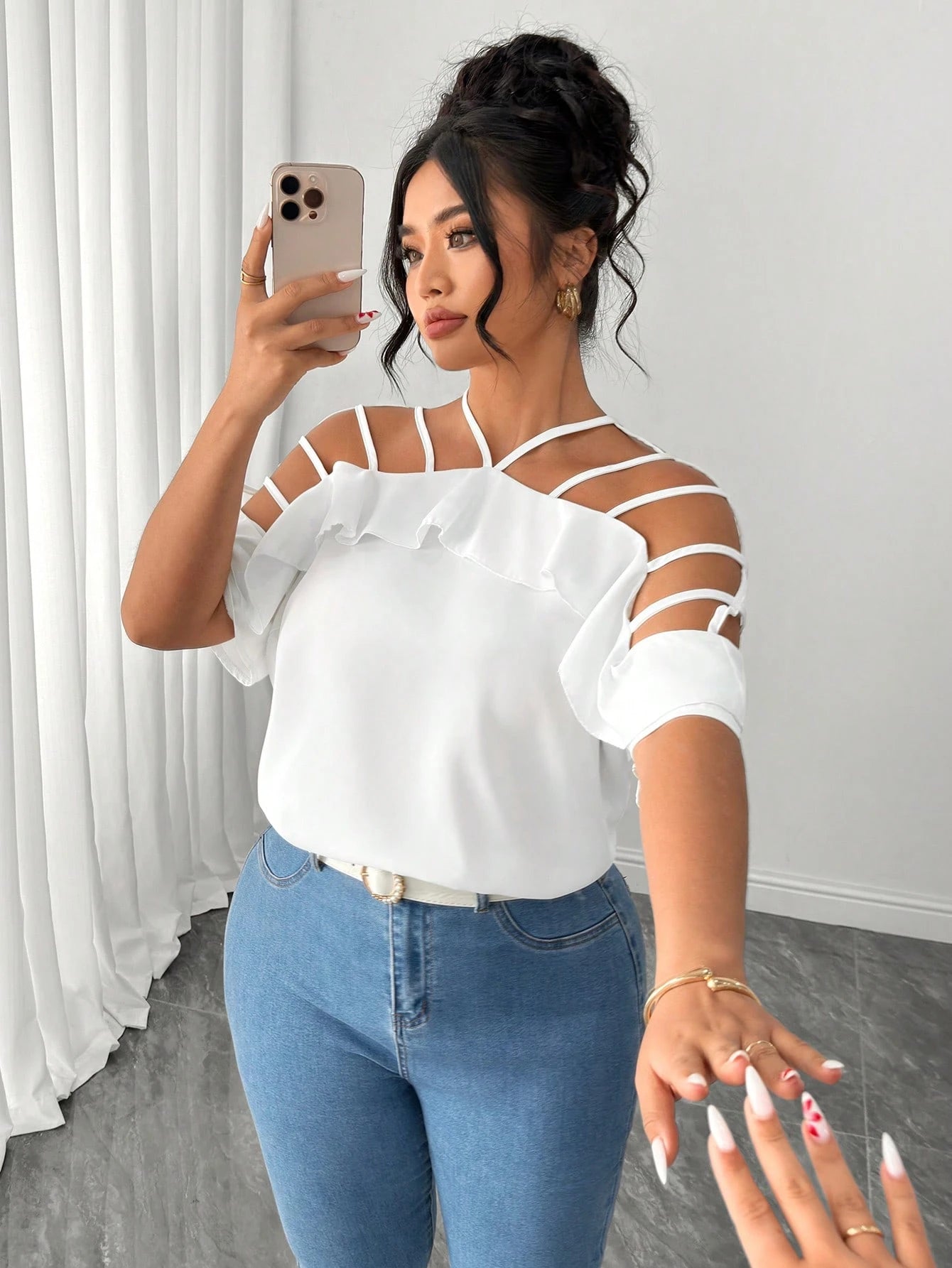 Elenzga Plus Size Women Hollow Out Off Shoulder Short Sleeve Ruffle Loose Casual Vacation Blouse
