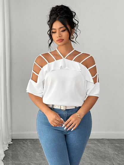 Elenzga Plus Size Women Hollow Out Off Shoulder Short Sleeve Ruffle Loose Casual Vacation Blouse