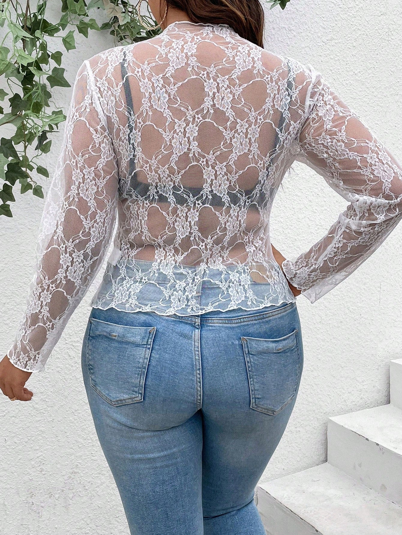 Elenzga Plus Size Women's Sexy Tight Sheer Lace Long Sleeve Round Neck White T-Shirt Top, Elegant Casual Spring/Autumn Wear Fall