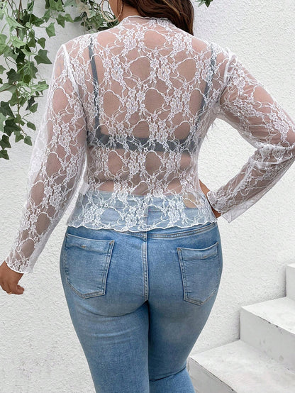 Elenzga Plus Size Women's Sexy Tight Sheer Lace Long Sleeve Round Neck White T-Shirt Top, Elegant Casual Spring/Autumn Wear Fall