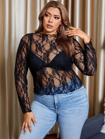 Elenzga Plus Size Women's Sexy Tight Sheer Lace Long Sleeve Round Neck White T-Shirt Top, Elegant Casual Spring/Autumn Wear Fall