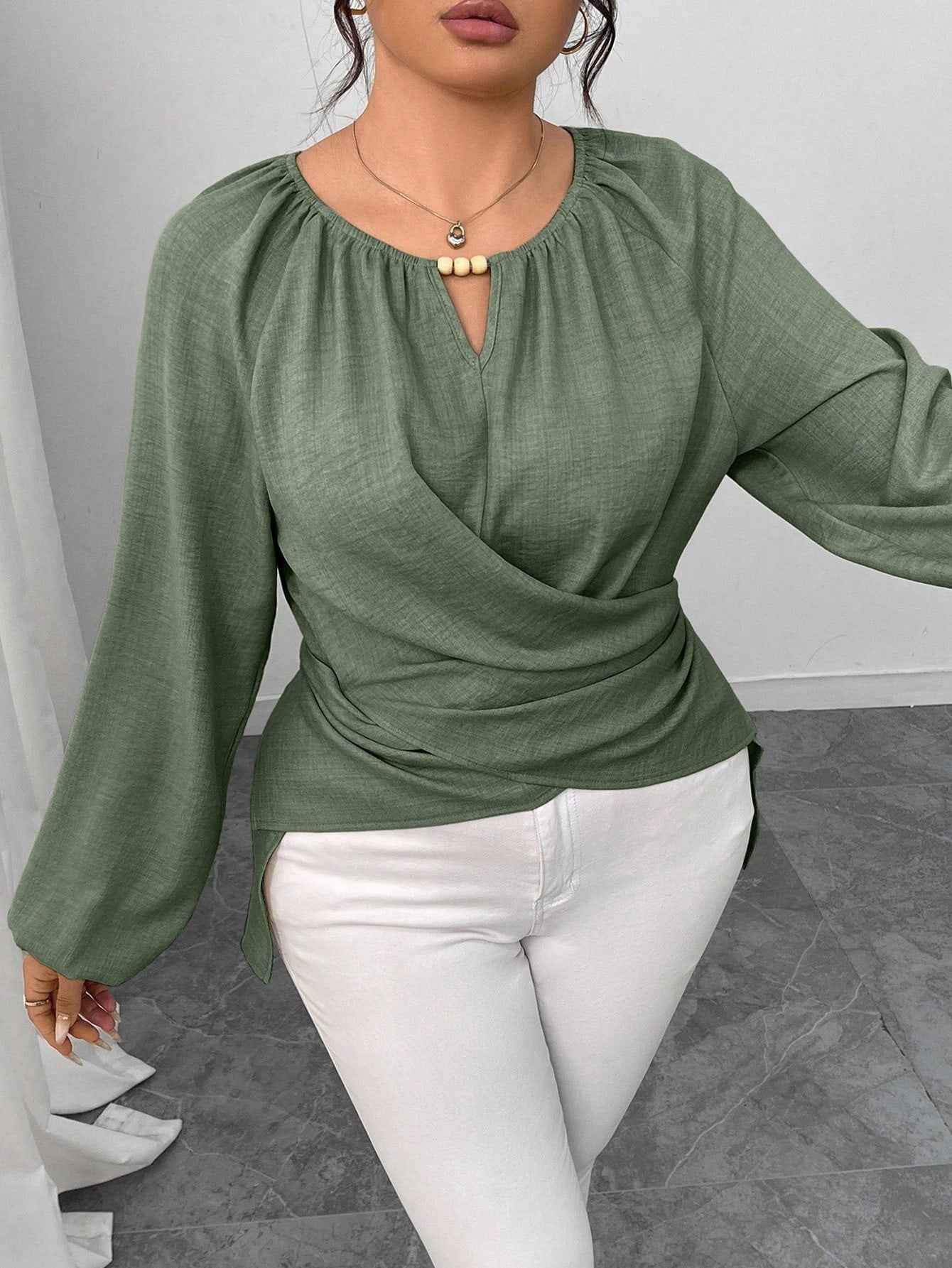 Elenzga Plus Size Women's Solid Color Keyhole Neck Raglan Sleeve Waist Crisscross Design Fashion Blouse Fall/Winter
