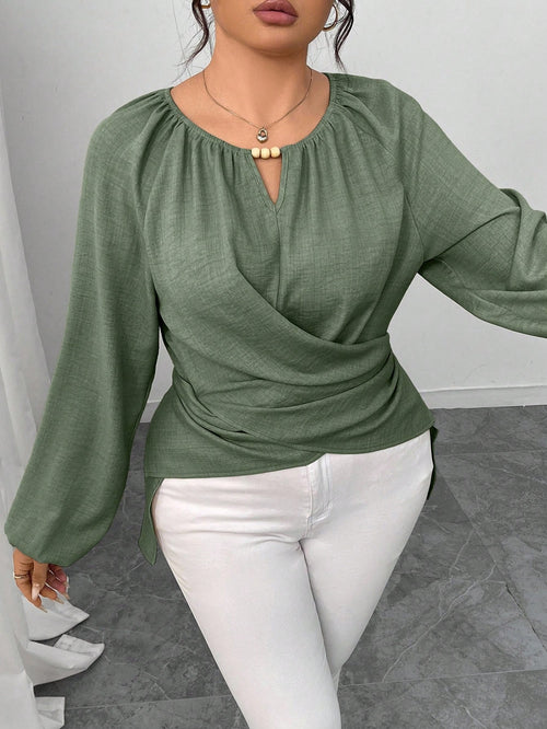 Elenzga Plus Size Women's Solid Color Keyhole Neck Raglan Sleeve Waist Crisscross Design Fashion Blouse Fall/Winter
