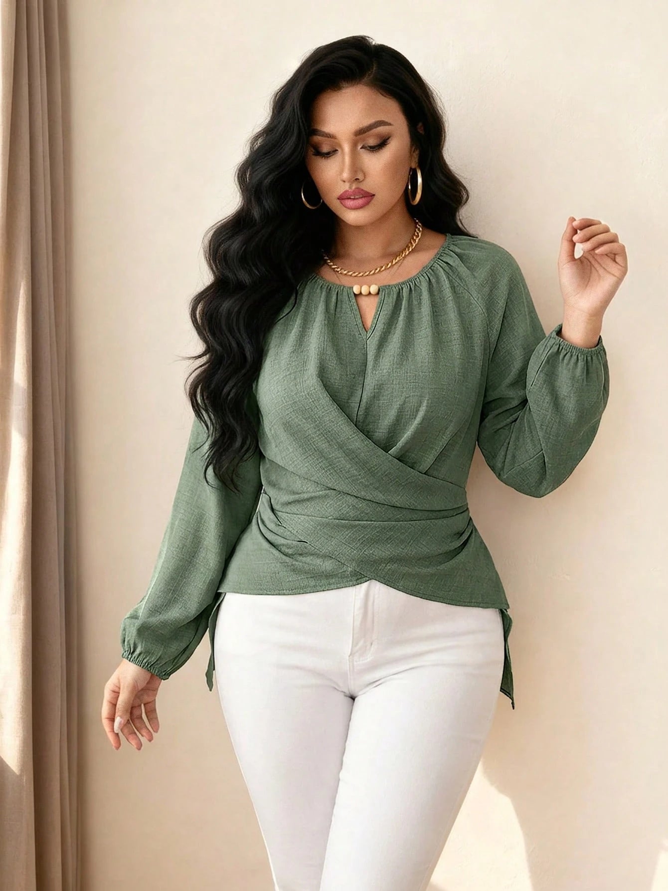 Elenzga Plus Size Women's Solid Color Keyhole Neck Raglan Sleeve Waist Crisscross Design Fashion Blouse Fall/Winter