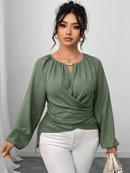 Elenzga Plus Size Women's Solid Color Keyhole Neck Raglan Sleeve Waist Crisscross Design Fashion Blouse Fall/Winter