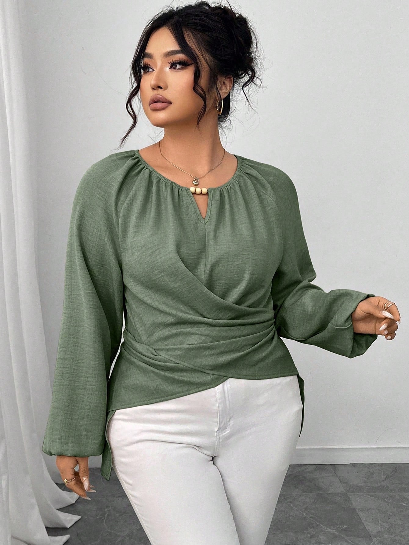 Elenzga Plus Size Women's Solid Color Keyhole Neck Raglan Sleeve Waist Crisscross Design Fashion Blouse Fall/Winter