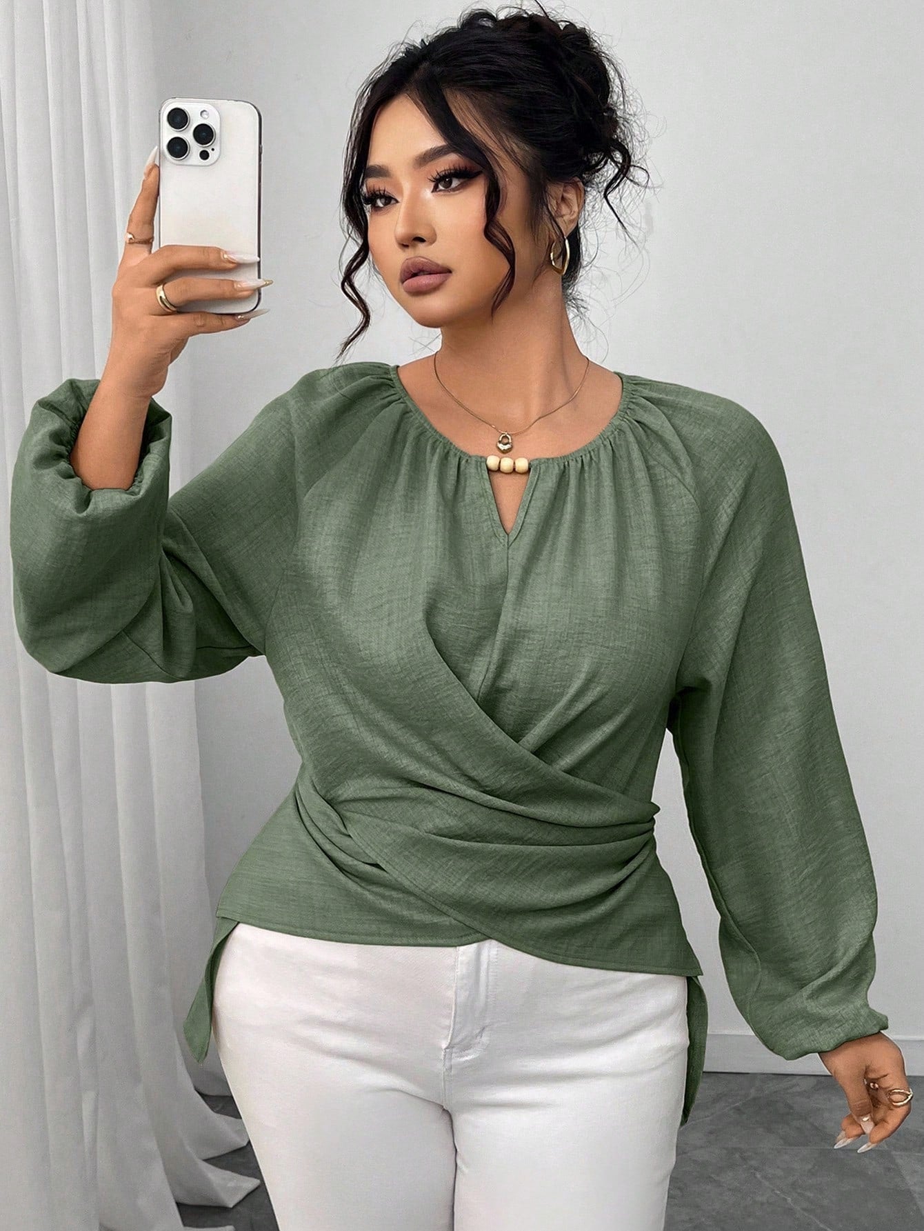 Elenzga Plus Size Women's Solid Color Keyhole Neck Raglan Sleeve Waist Crisscross Design Fashion Blouse Fall/Winter