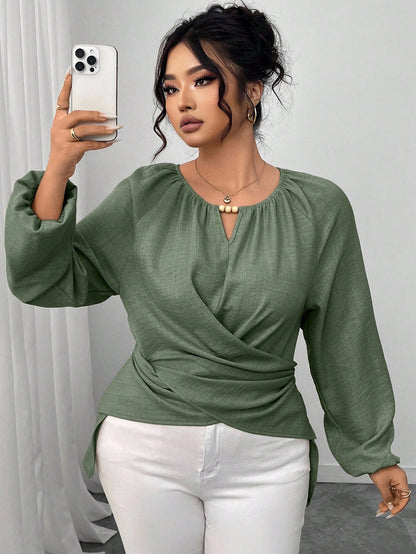 Elenzga Plus Size Women's Solid Color Keyhole Neck Raglan Sleeve Waist Crisscross Design Fashion Blouse Fall/Winter
