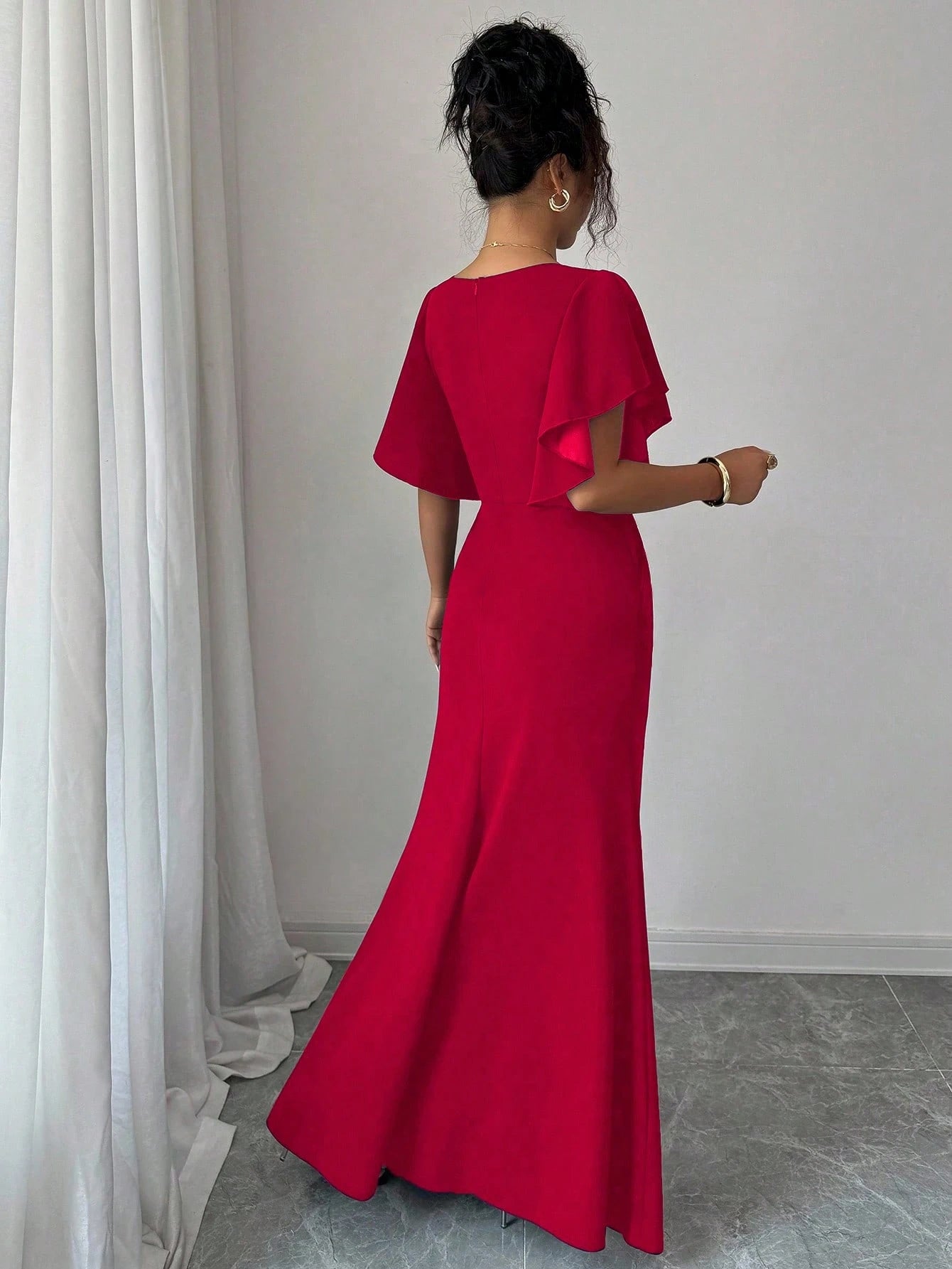 Elenzga Red Christmas Ruffle Sleeve V-Neck Waist Fitted Mermaid Hem Elegant Romantic Women Dress