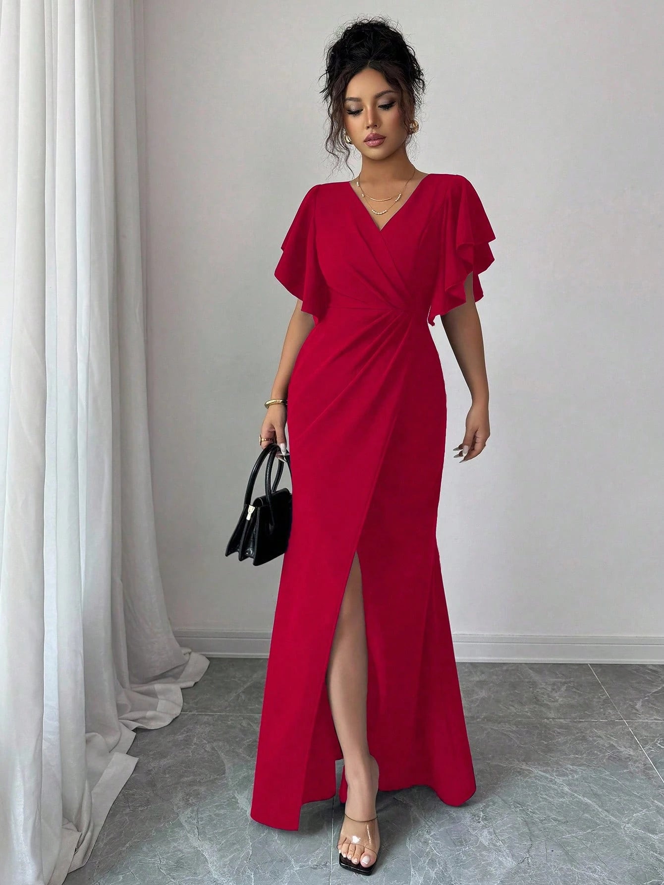 Elenzga Red Christmas Ruffle Sleeve V-Neck Waist Fitted Mermaid Hem Elegant Romantic Women Dress