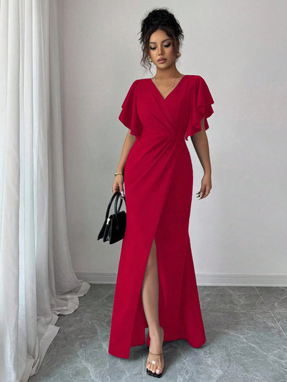 Elenzga Red Christmas Ruffle Sleeve V-Neck Waist Fitted Mermaid Hem Elegant Romantic Women Dress