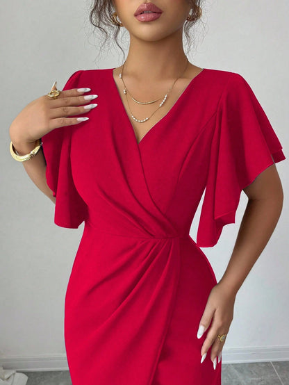 Elenzga Red Christmas Ruffle Sleeve V-Neck Waist Fitted Mermaid Hem Elegant Romantic Women Dress